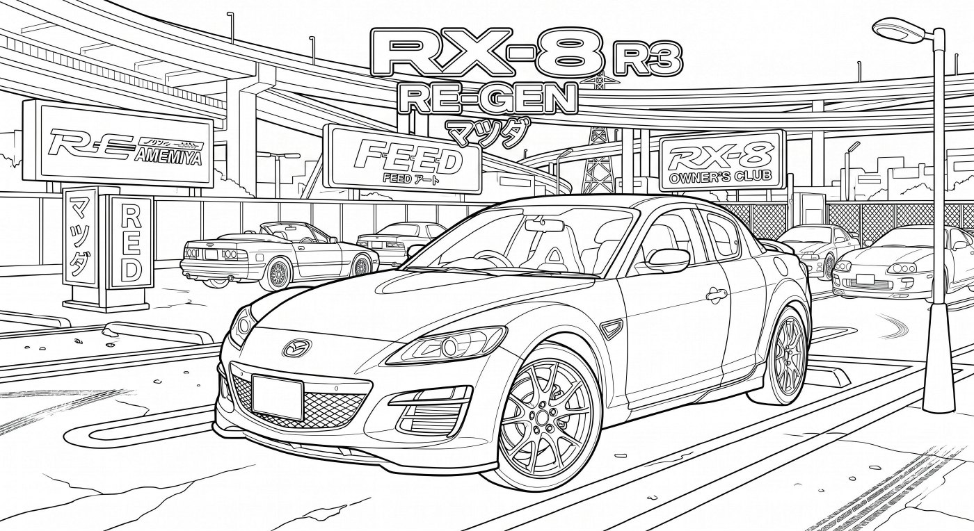 Página real com carro JDM e cenário urbano em traço preto para colorir