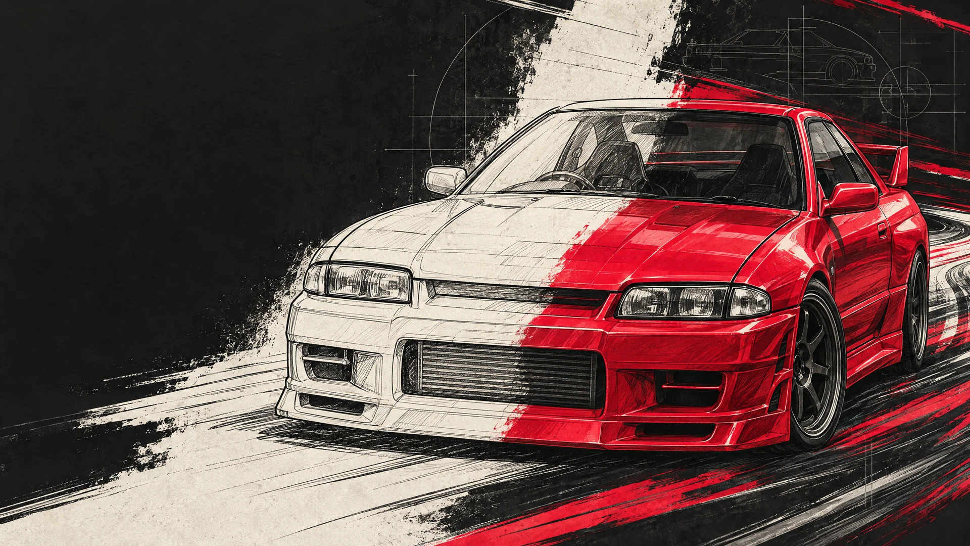 Ilustração editorial gerada por IA de um carro desportivo, metade por colorir e metade em vermelho; não é uma página do e-book